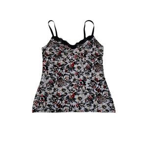 White House Black Market Top Black White Floral Y2K Baby Doll Cami Lace Trim
